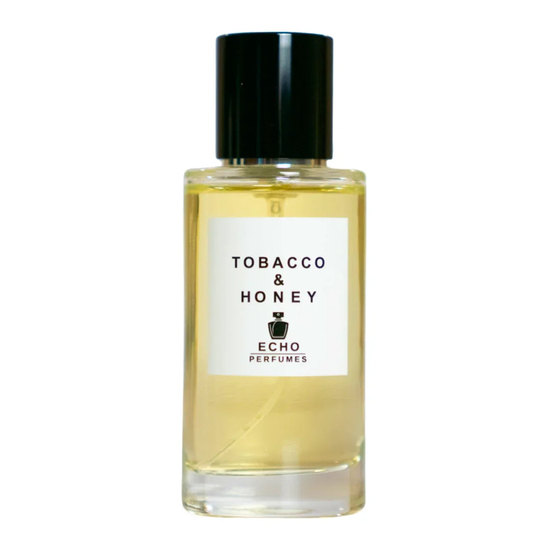 Echo Perfumes Tobacco & Honey fragrance in clear glass bottle with black cap and white label