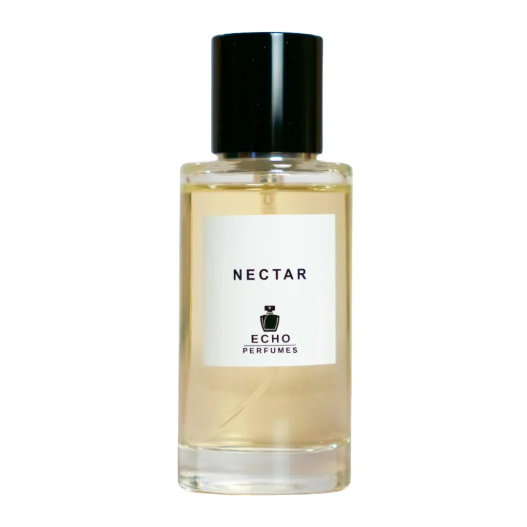 Nectar perfume by Echo Perfumes in clear glass bottle with black cap on white background
