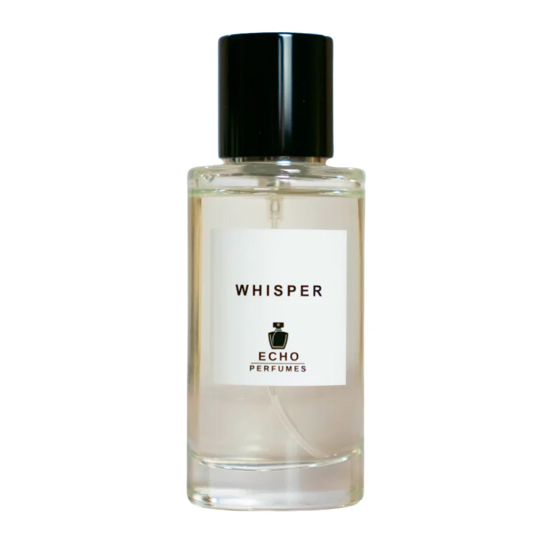 Clear glass bottle of Whisper perfume by Echo Perfumes with black cap on white background