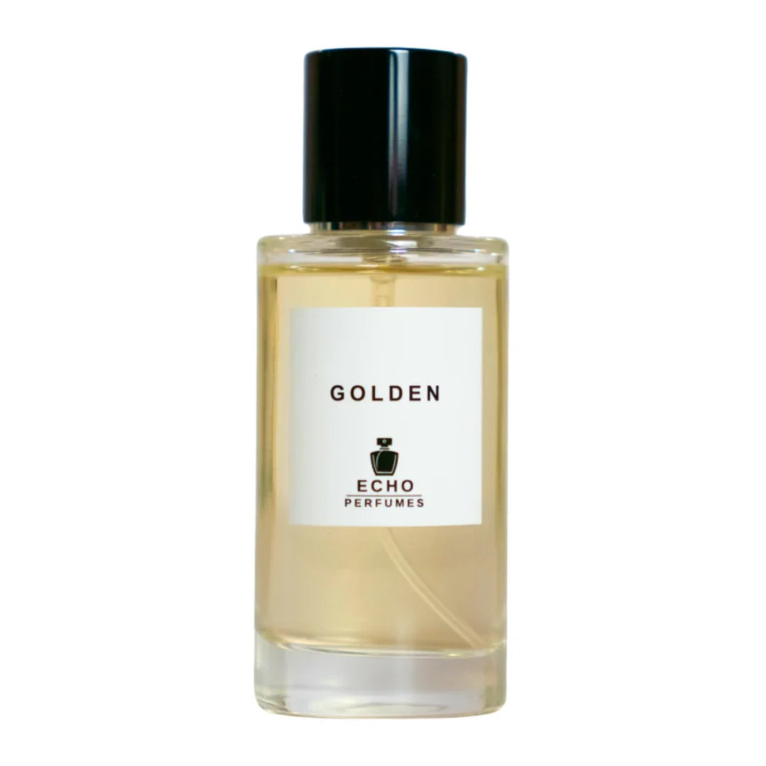 Golden Echo Perfumes fragrance bottle with black cap and clear rectangular glass