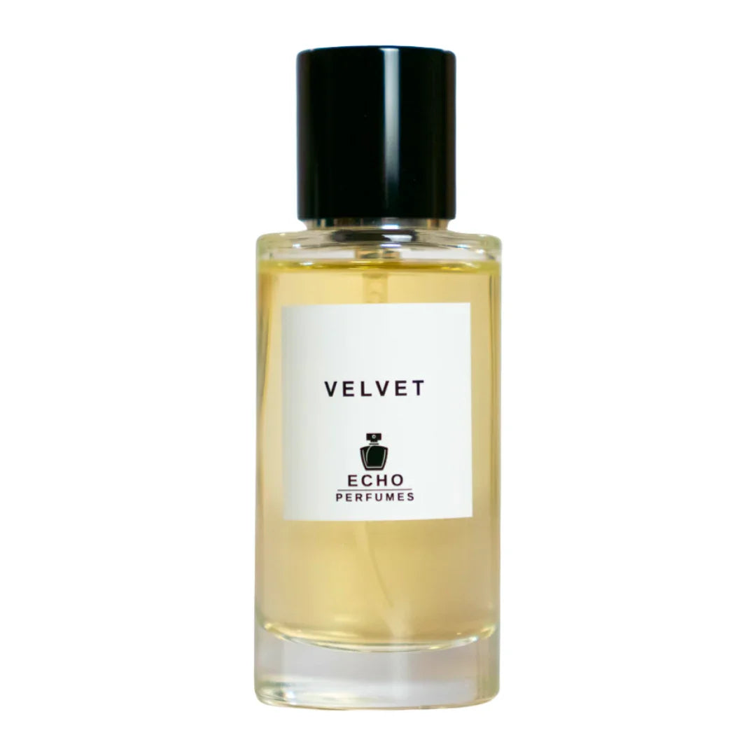 Echo Perfumes Velvet fragrance bottle with black cap, yellow perfume inside