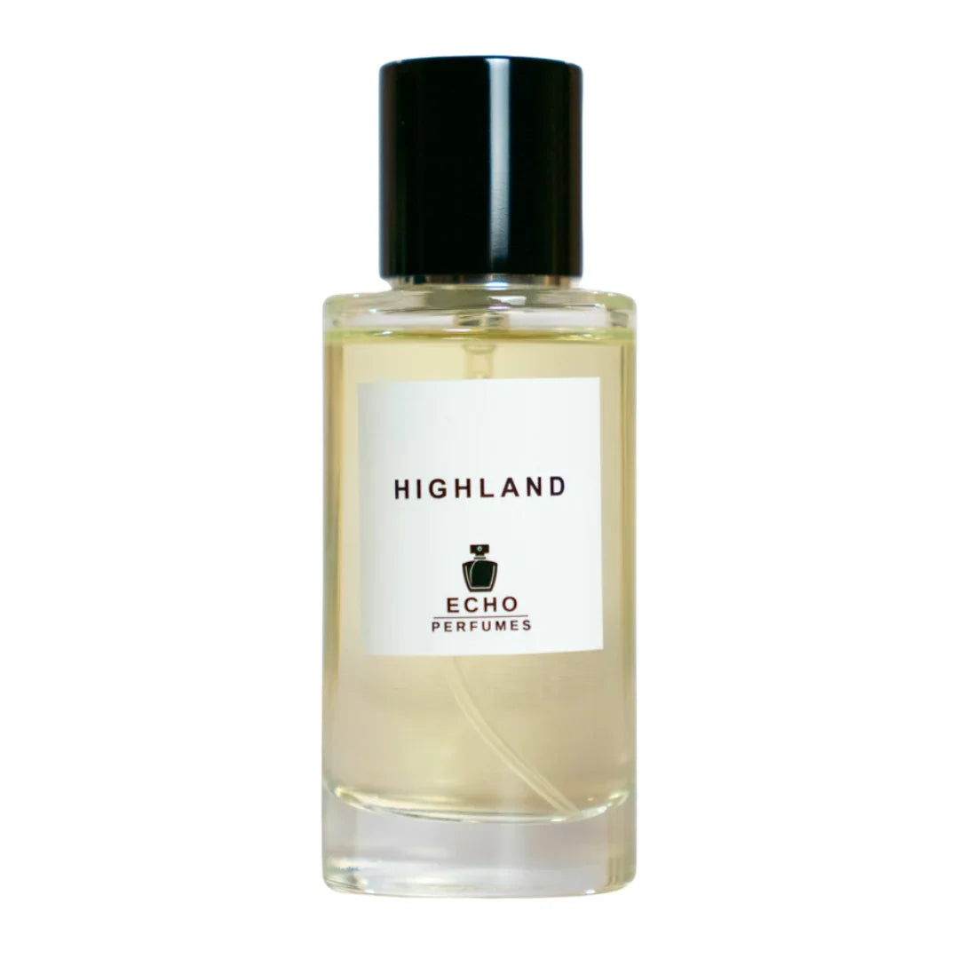 Echo Perfumes Highland fragrance in clear bottle with black cap on white background